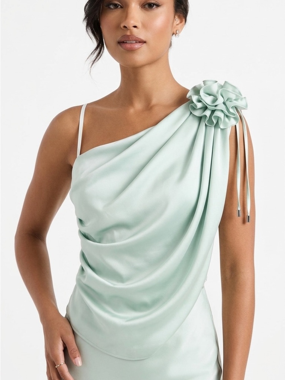 One-Shoulder Mint Green Draped Designer Silk Top with Floral Accent